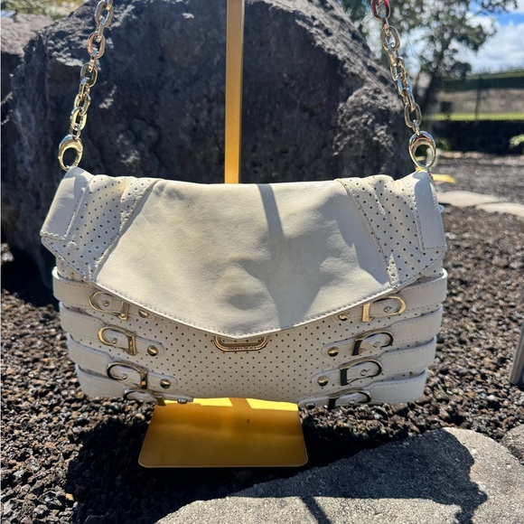 Jimmy Choo Handbags - Jimmy Choo Egg Shell White Leather Perforated Shoulder Bag with Buckle Detail
